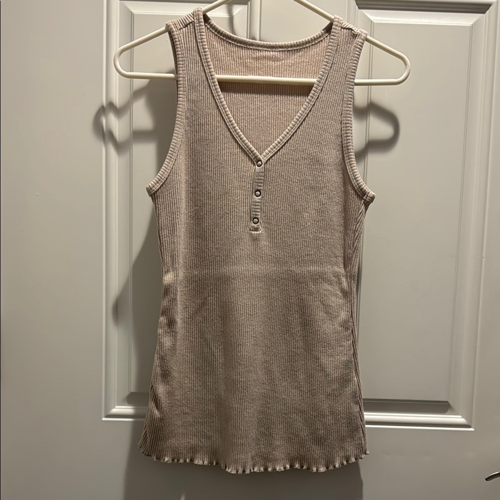 Tan Ribbed Buttoned Tank Top